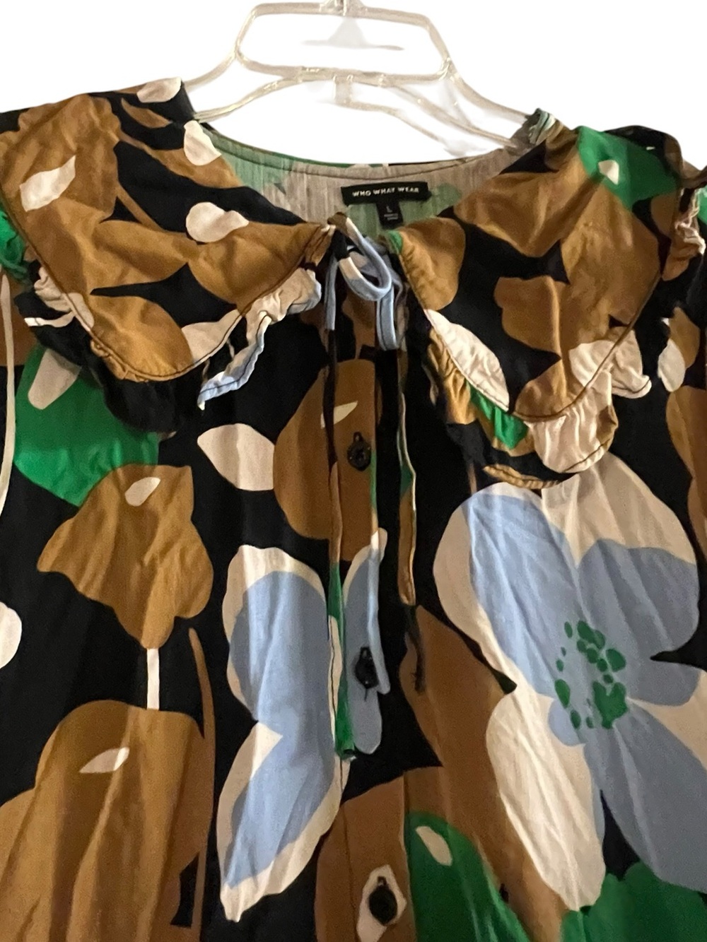 WHO WHAT WEAR Floral Ruffle Neck Tiered Midi Dress L - Picture 3 of 5